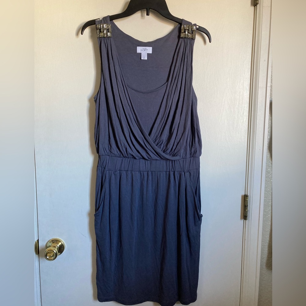 Loft Gray Draped Faux Wrap Bodice Embellished Sleeveless Small Jersey Dress #MBG